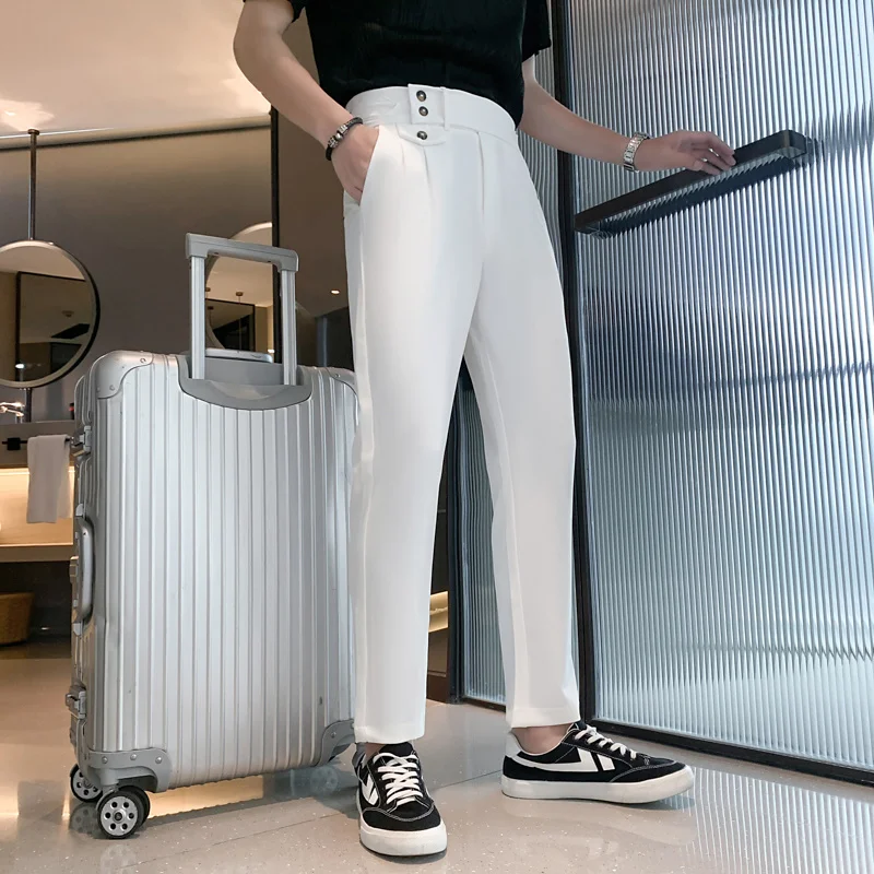 

Casual Pants Man and Summer New Nine Small Pants Man's Slim Fold Dress Pants Double Button Straight Business Formally
