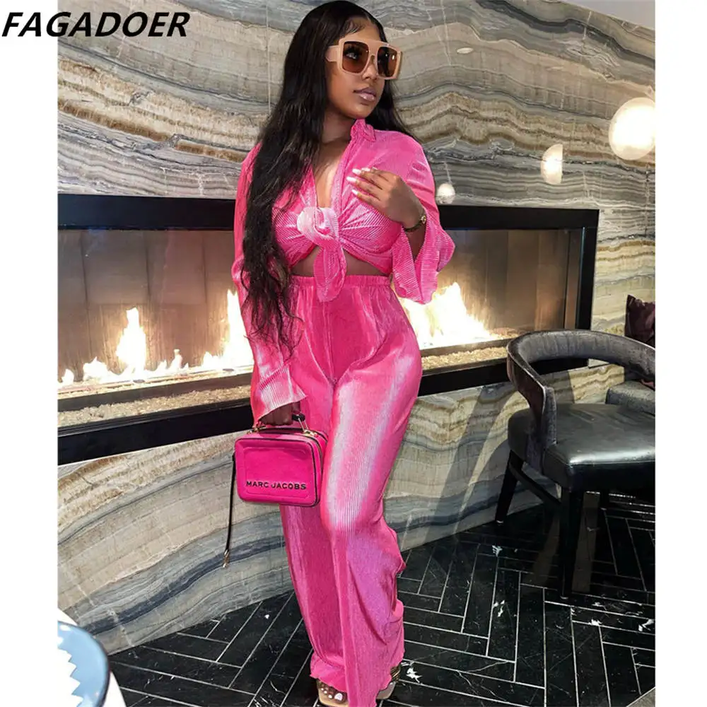 

FAGADOER Fall Winter Ribber Pants Two Piece Sets Women Sexy Bandage Long Sleeve Crop Top And Pants Outfits Fashion Streetwear