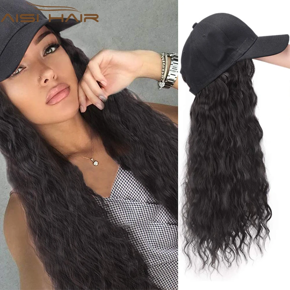 

AISI HAIR Synthetic Baseball Cap Wig Hat With Hair Water Wave Hair Extension Hair Piece With Black Cap For Women Fake Hair