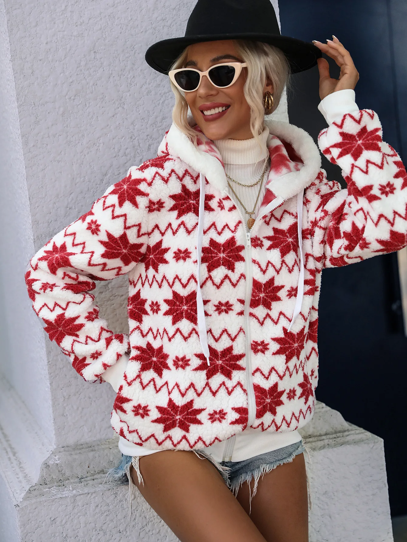 Fashionable new women's plush medium long hooded geometric printing long sleeve zipper plush coat