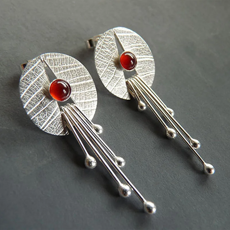

Jewelry Lotus Leaf Silver Color Personality Vintage Earrings Brand New Ethnic Round Red Stone Pendant Earrings Women