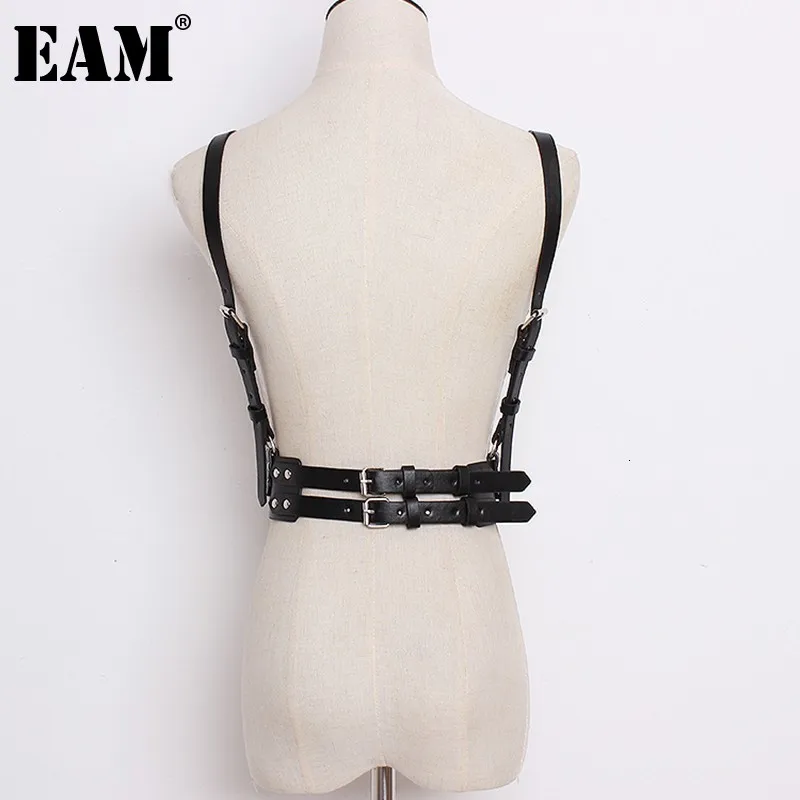 

[EAM] 2022 New Spring Autumn Black Pu Leather Loose Cross Bandage Split Joint Loose Long Strap Belt Women Fashion Tide JI270