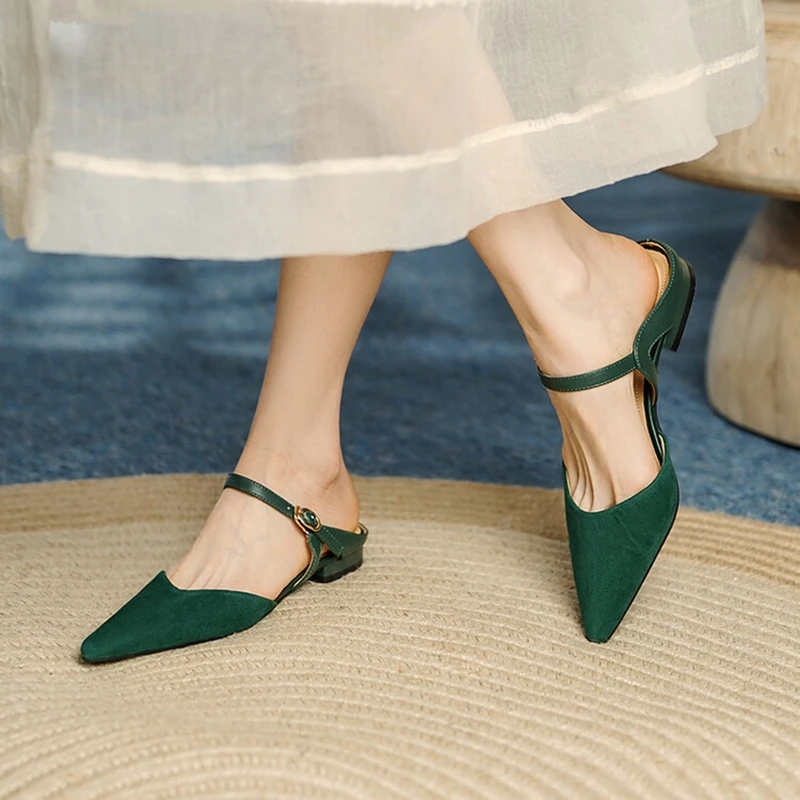 

2022 Summer Women Shoes Pointed Toe Slingback Outside Slippes Elegant Modern Sandals Retro Sheep Suede Shoes Women Fashion Mules