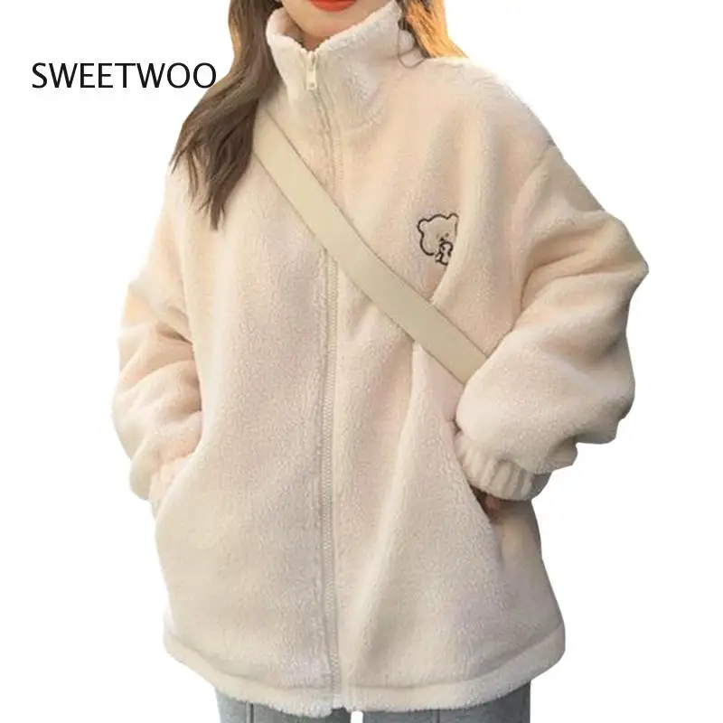 

Зимнее розовое пальто на молнии с надписью, Теплый Женский свитшот средней длины из овечьей шерсти с вышивкой, Модный женский пуловер с милым печеньким медведем