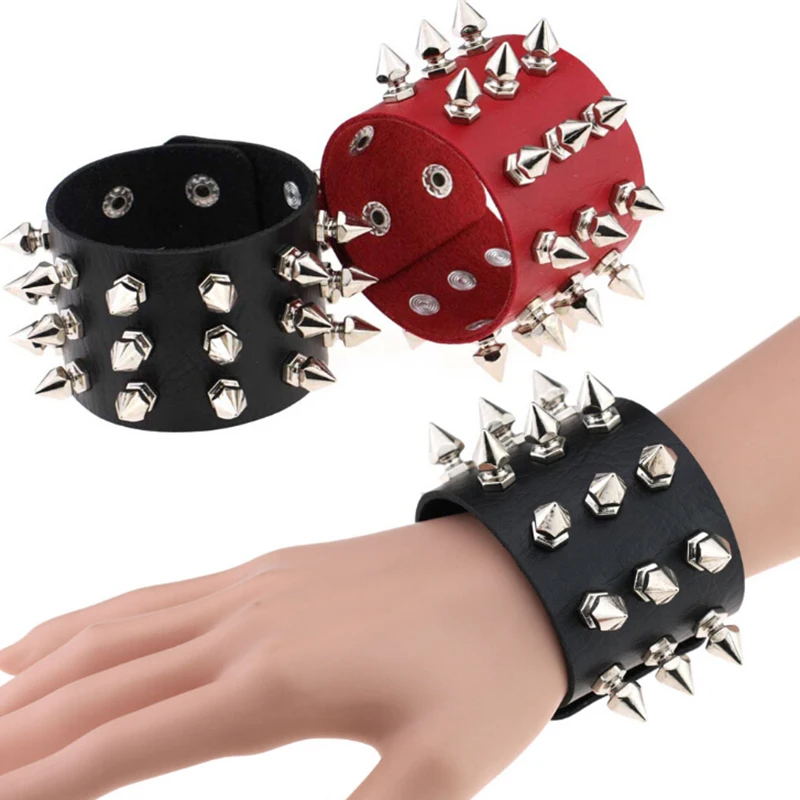 

Unique 3 Rows Spikes Rivet Stud Wide Cuff Leather Punk Gothic Rock Unisex Bangle Harness Bracelets For Women Men Jewelry New