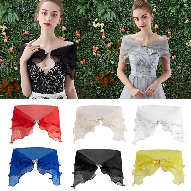 

Women Vintage Layered Gauze Shawl Wrap Shrug for rhinestone Buckle Front Wedding Dress Cover Up Sexy Off Shoulder Bolero