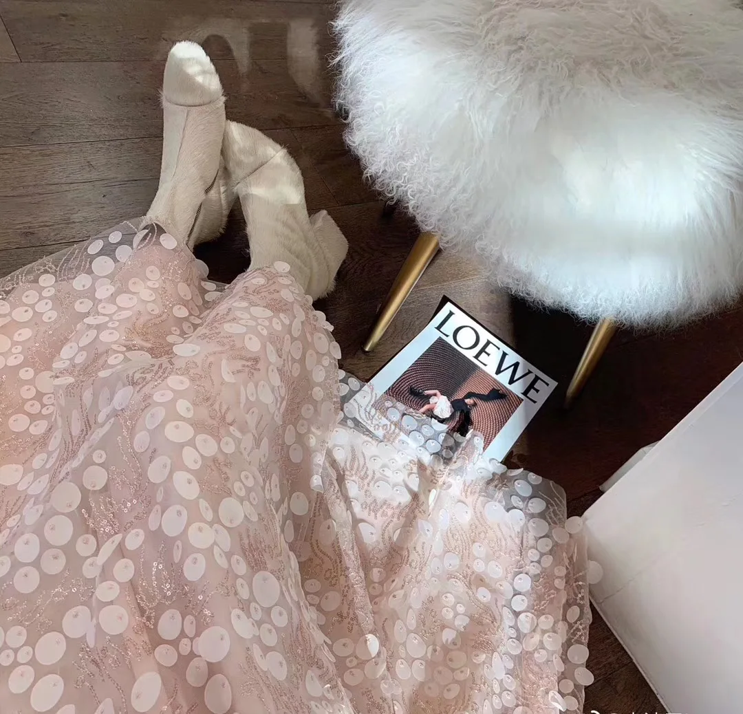 1yard price Flesh pink with sequins 3D chiffon patch lace Dress fabric Clothing Wedding curtain background |