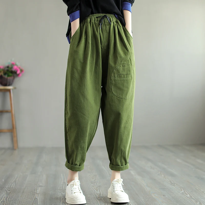 2022 New Arrival Autumn Women All-matched Cotton Patchwork Ankle-length Pants Casual Loose Elastic Waist Harem Pants V947