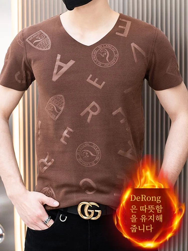 Seamless Dralon Short sleeve T-shirt Men's Autumn and Winter Inner wear Fleece-lined Thickened Half Sleeve Bottoming Shirt De...