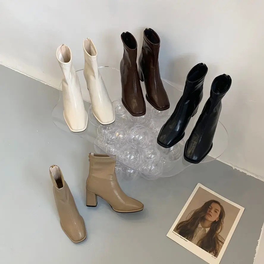 

Round Toe Women Ankle Boots 2022 News Fashion Short Stretch Shoes Thick High Heels Back Zipper Ladies Winter Pumps Black Khaki