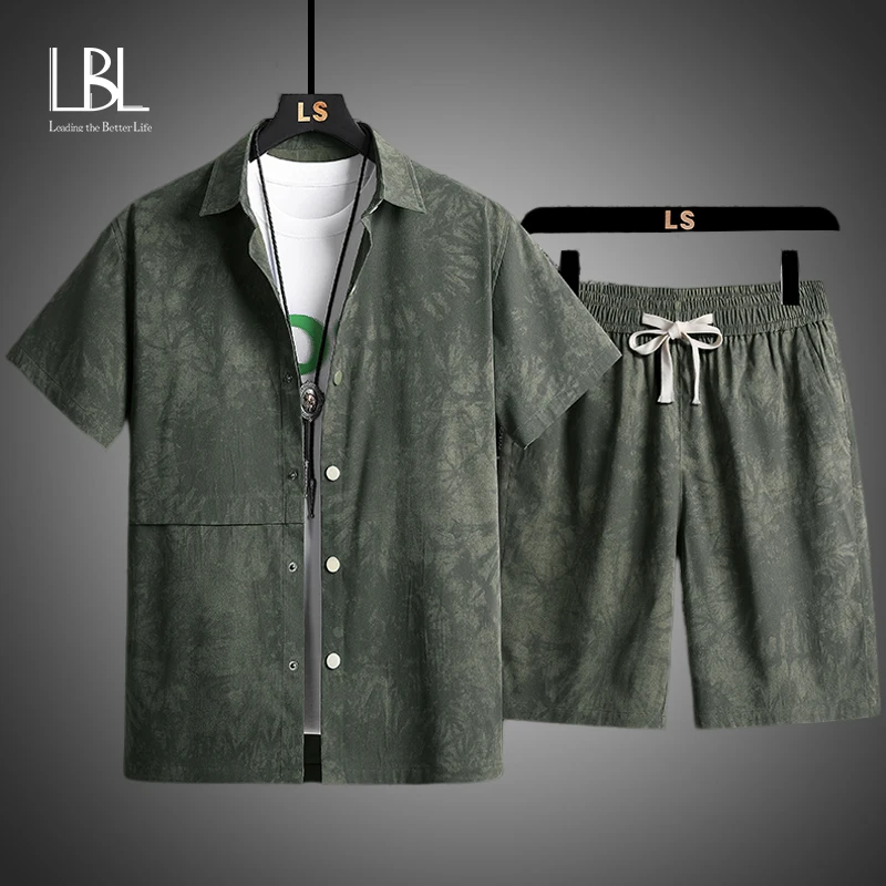 Summer Mens Short Sleeve Shirt Set Casual Camouflage Shirt + Shorts Two Piece 2023 New Cardigan Suit Fashion Loose Men Clothes