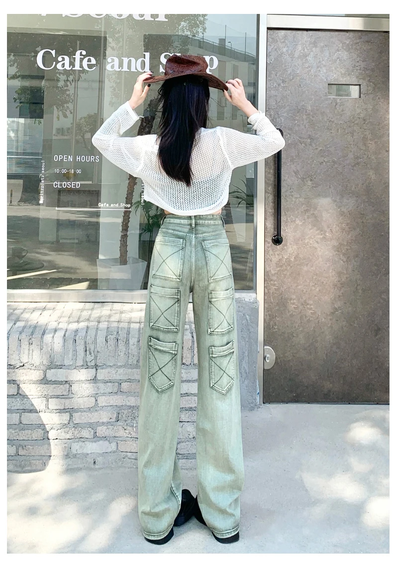 Aesthetic Vintage Cargo Women's Pants Y2k High Waist Straight Baggy Jeans Casual Chic Fake Zippers Pocket Female Trousers 2023
