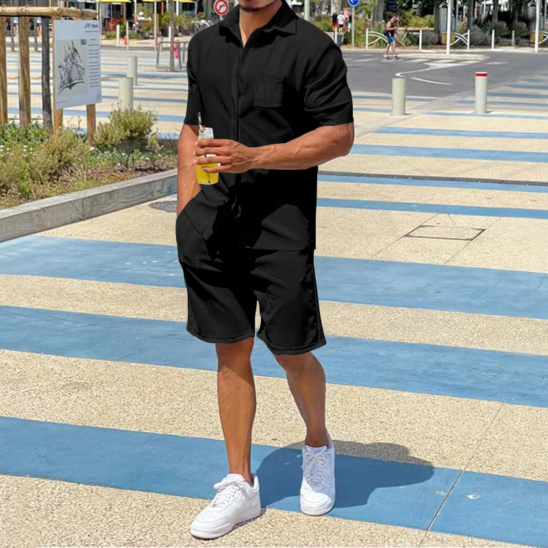 Summer Men's Short Sleeve Shirt Set Workwear Casual Shorts Loose Top Shirt And Short Pant Sweater Set