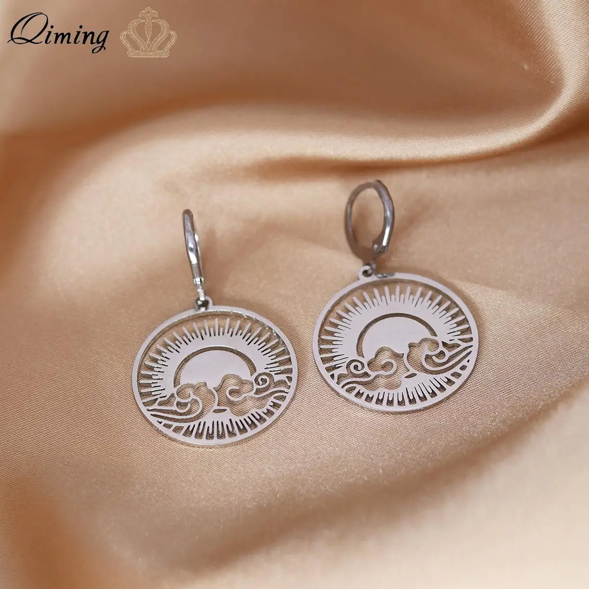 

QIMING Round Auspicious Clouds Hoop Earrings For Women Lucky Amulet Jewelry Sun Fashion Earrings Gift