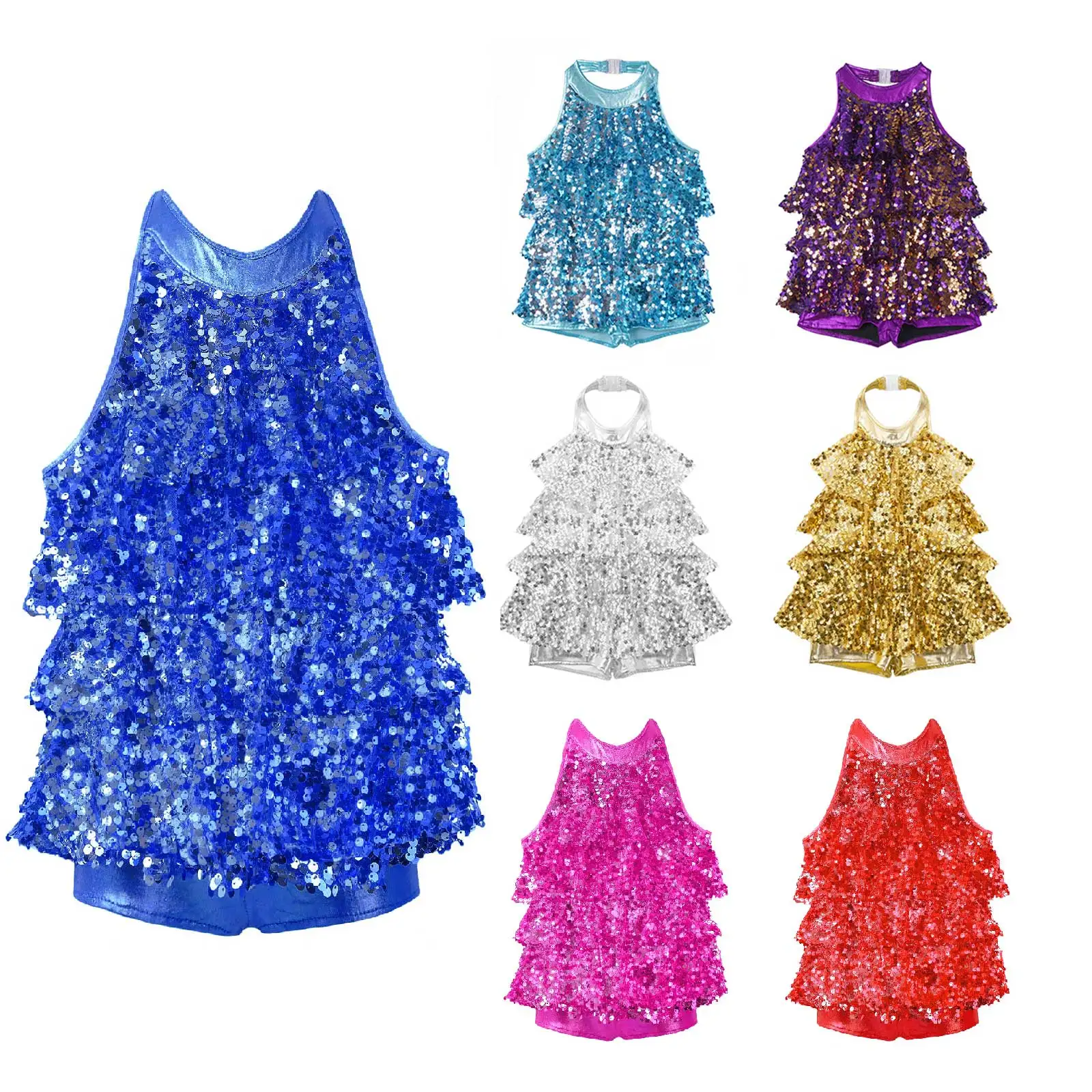 Kids Girls Halter Shiny Sequins Jazz Ballet Dance Shorty Unitard Dress Modern Jazz Latin Dancing Costumes Sequins Rave Outfits