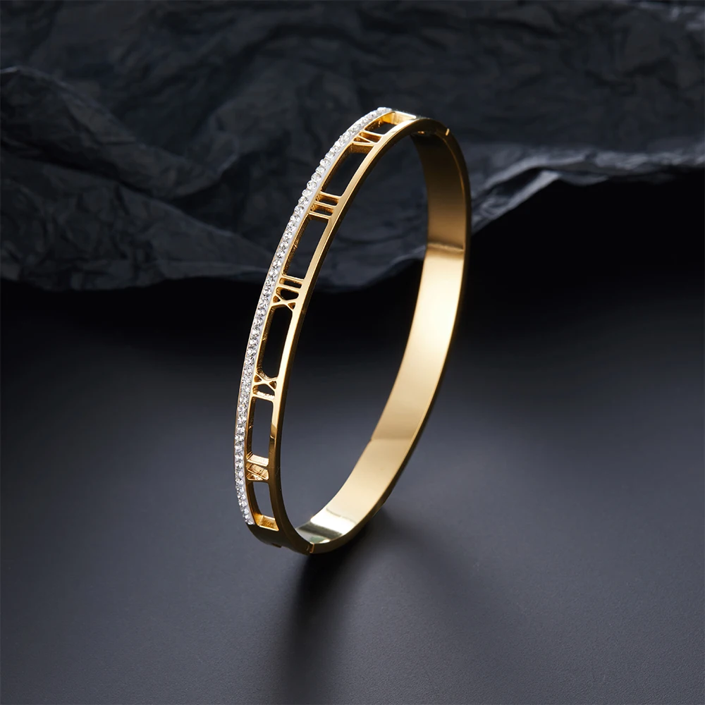 

Stainless Steel Hollow Bangle&Bracelet Roman Numerals Diamond Bangles Women Wifes Luxury Design Fashion Jewelry Gifts
