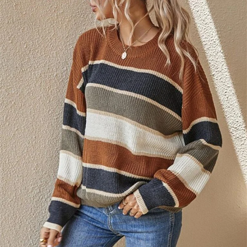 

Женский трикотажный пуловер в полоску, повседневный свободный джемпер с круглым вырезом и длинным рукавом, свитер в уличном стиле на осень ...