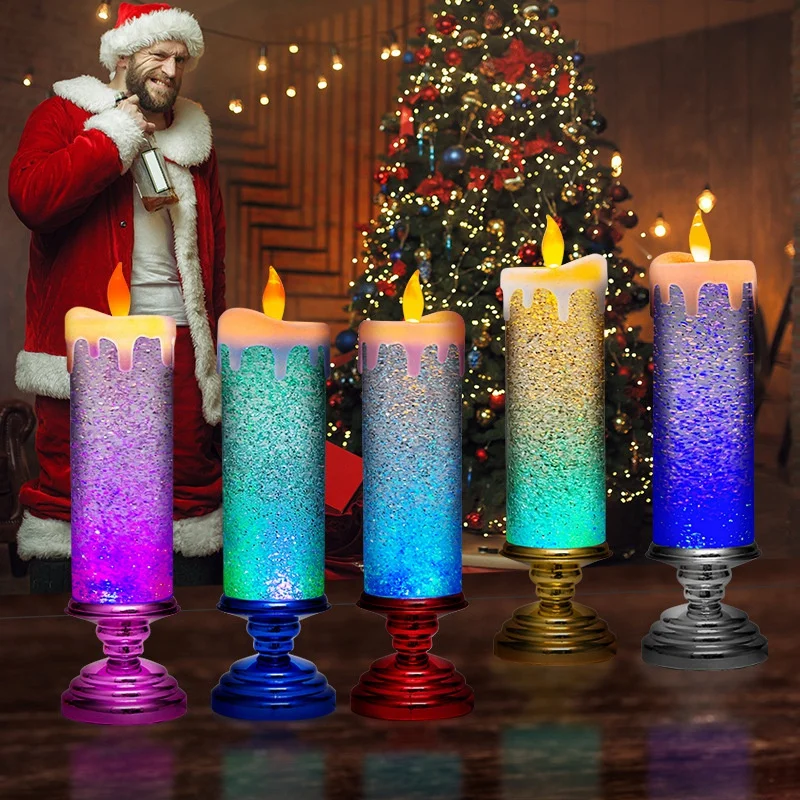 

LED Christmas Candles Colour Changing LED Water Candle With Glitter Flameless LED Candle Lights Desk Table