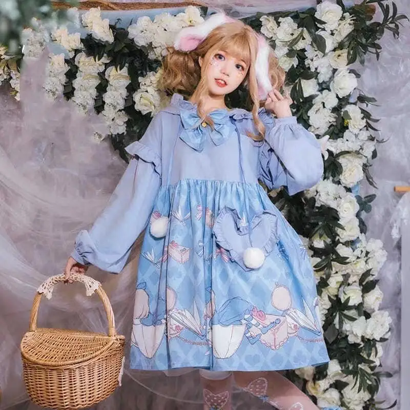

Осеннее японское милое платье в стиле каваи для девочек, милое платье в стиле Лолиты с бантом и кроличьими ушками, готические платья для кос...