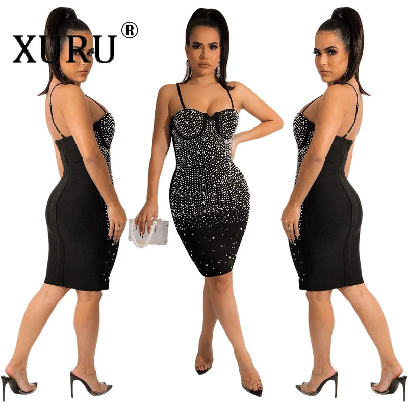 

XURU Night Club Party Dress, European and American Summer Sexy Women's Dress, Halter Strap Beaded Black Dress 2022 The New