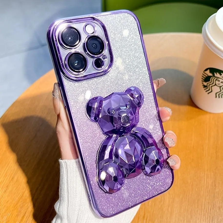 Luxury Electroplated 3D Bear Phone Case For iPhone 14 Pro Max 13 12 11 Gradient Glitter TPU Soft Cover With Lens Film Protector