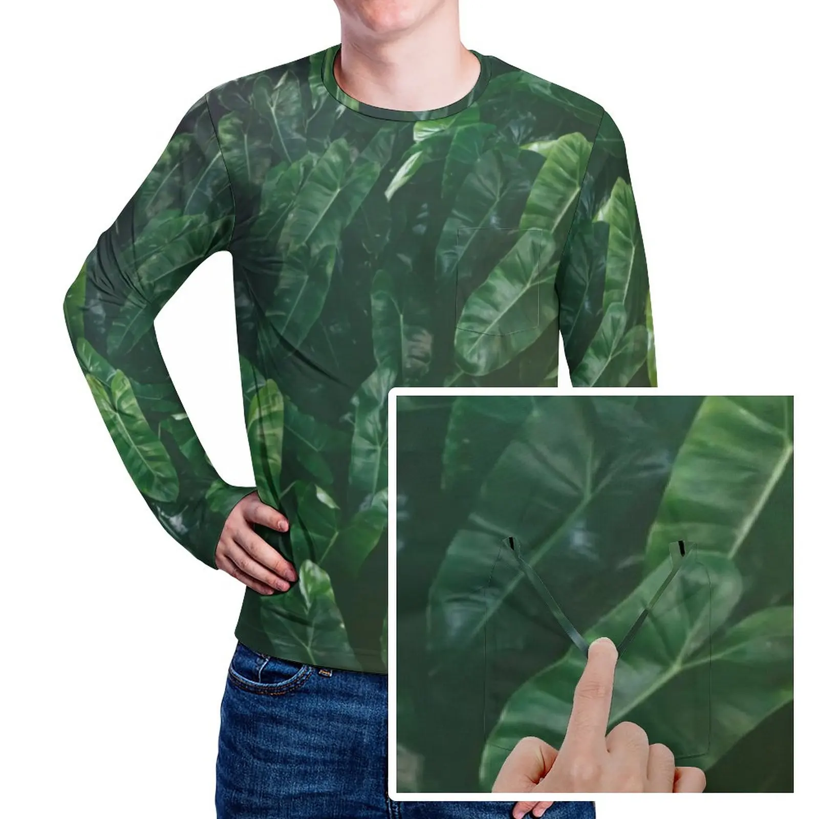 

Футболка с изображением тропических листьев, элегантные популярные футболки с принтом пальмовых листьев и карманами, топы с длинным рукавом и графическим рисунком, милые футболки