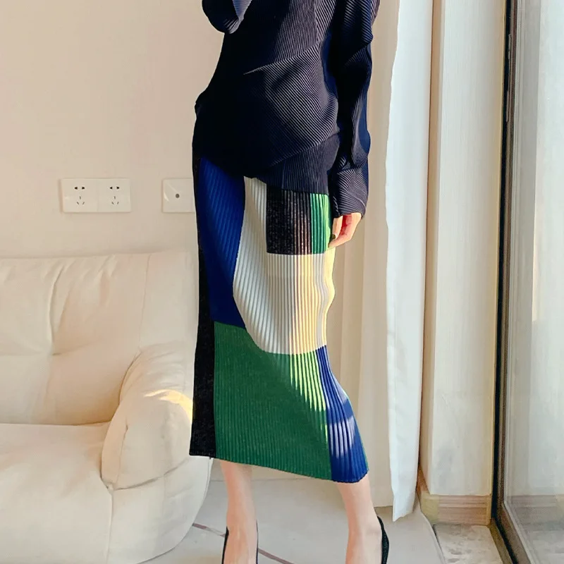 

Changpleat 2022 new color matching straight skirt Miyak fold Fashion high elasticity slim wrap hip slit plus size skirt women