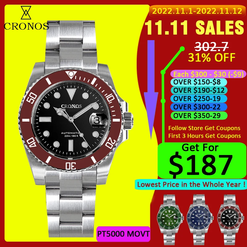 Купить Роскошные Механические часы Cronos для мужчин, браслет из нержавеющей стали, керамическая вращающаяся рамка, Водонепроницаемость 200 метров, му...