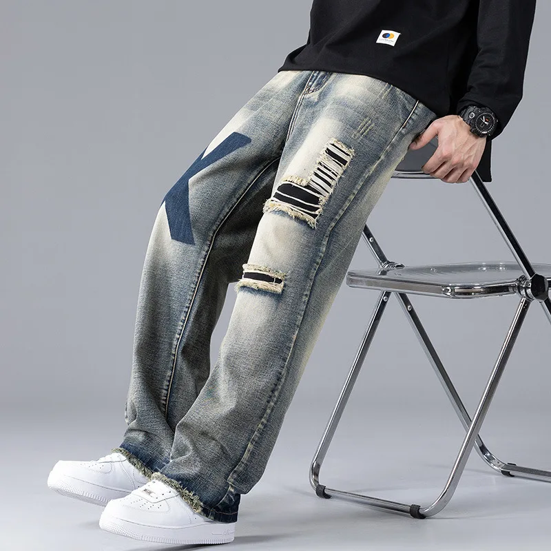 New Style Printed Embroidered Four Seasons Jeans Men's Wide Leg Pants With Holes Fashion Patch Men Loose Large Straight Pants