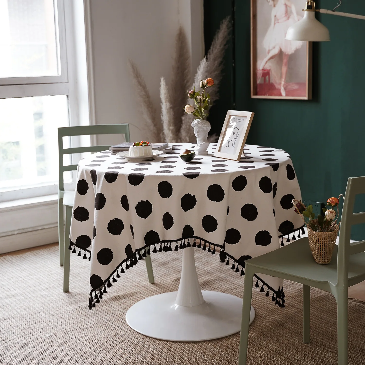 

Cotton Linen Black and White Oval Polka Dots Tassel with Tassel Rectangular Table Cloth Kitchen Table Map Towel Tablecloth