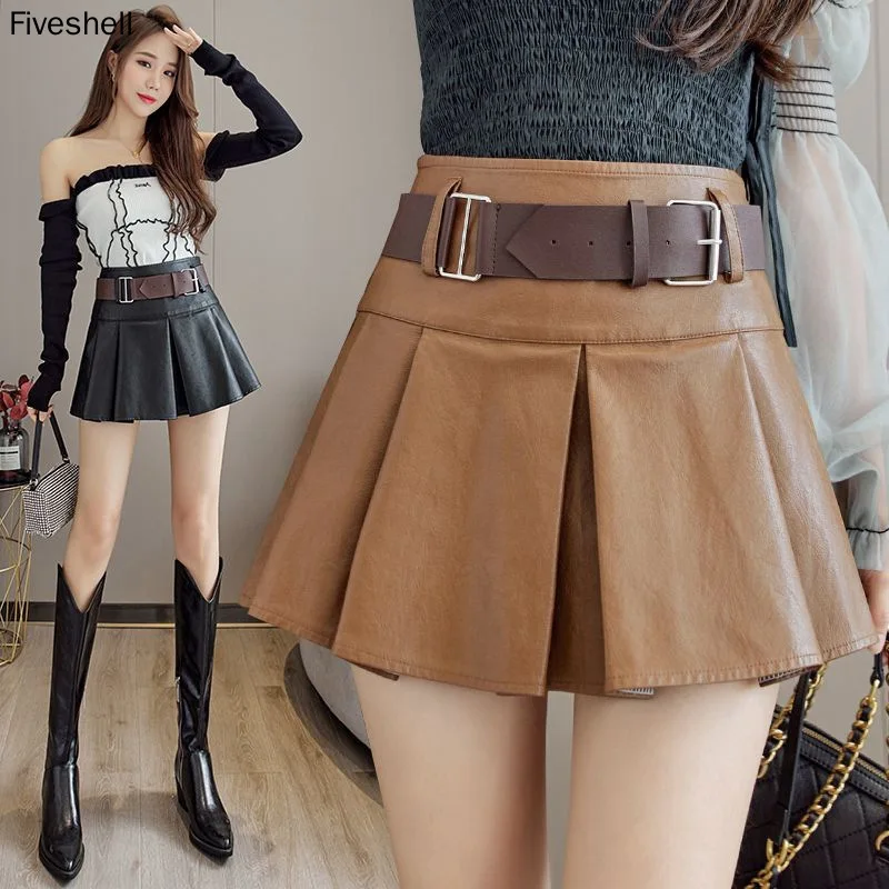 2023 New Winter And Autumn Women Leather Mini Skirts High Waist Pleated Goth A-Line Skirt With Belt