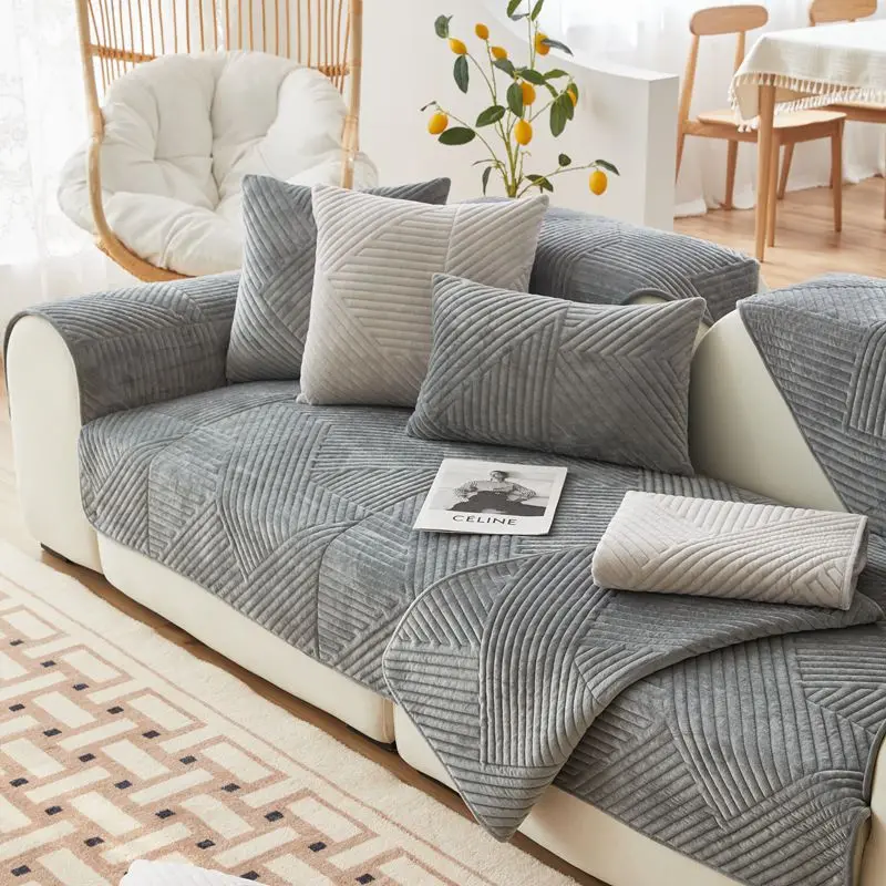 

Теплое короткое плюшевое стеганое покрывало для дивана, универсальный нескользящий однотонный секционный чехол для дивана в гостиной, современный чехол для дивана