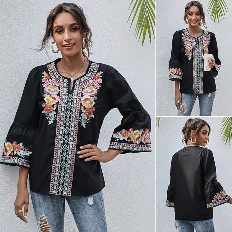 

Women Embroidery Boho Shirt 3/4 Sleeve Mexican Bohemian Tops Tunic Blouse