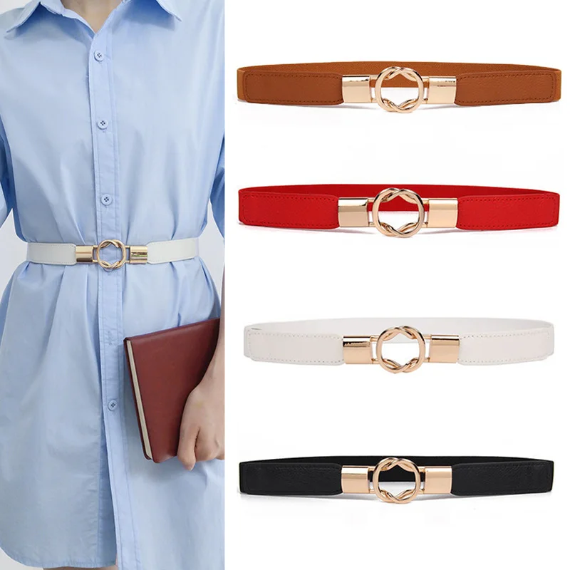 

Women Waistband Round Metal Buckles Decorated Waist Band Elastic Waist Belts Accessories Simple Decoration