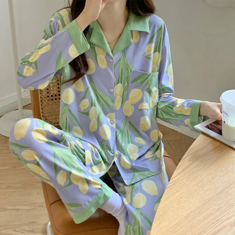 Long sleeve Pajamas Women Summer Sweet Pure Cotton New Tulip Spring and Autumn Winter Student Home Wear Set