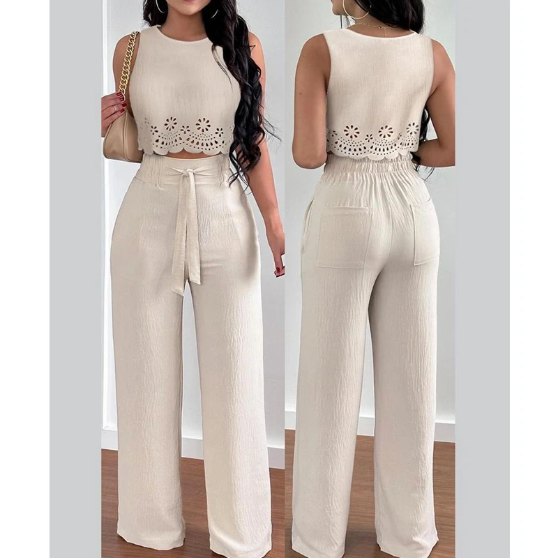 

Women Hollow Out Scallop Trim Tank Top & High Waist Pants Set Spring Summer Sleeveless Camis Tanks Tops Loose Pants Solid Color