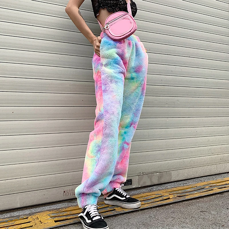 

New Tie Dye Women Pants Winter Plush Warm Cargo Pants High Elastic Waist Sweatpants Autumn Loose Trouser