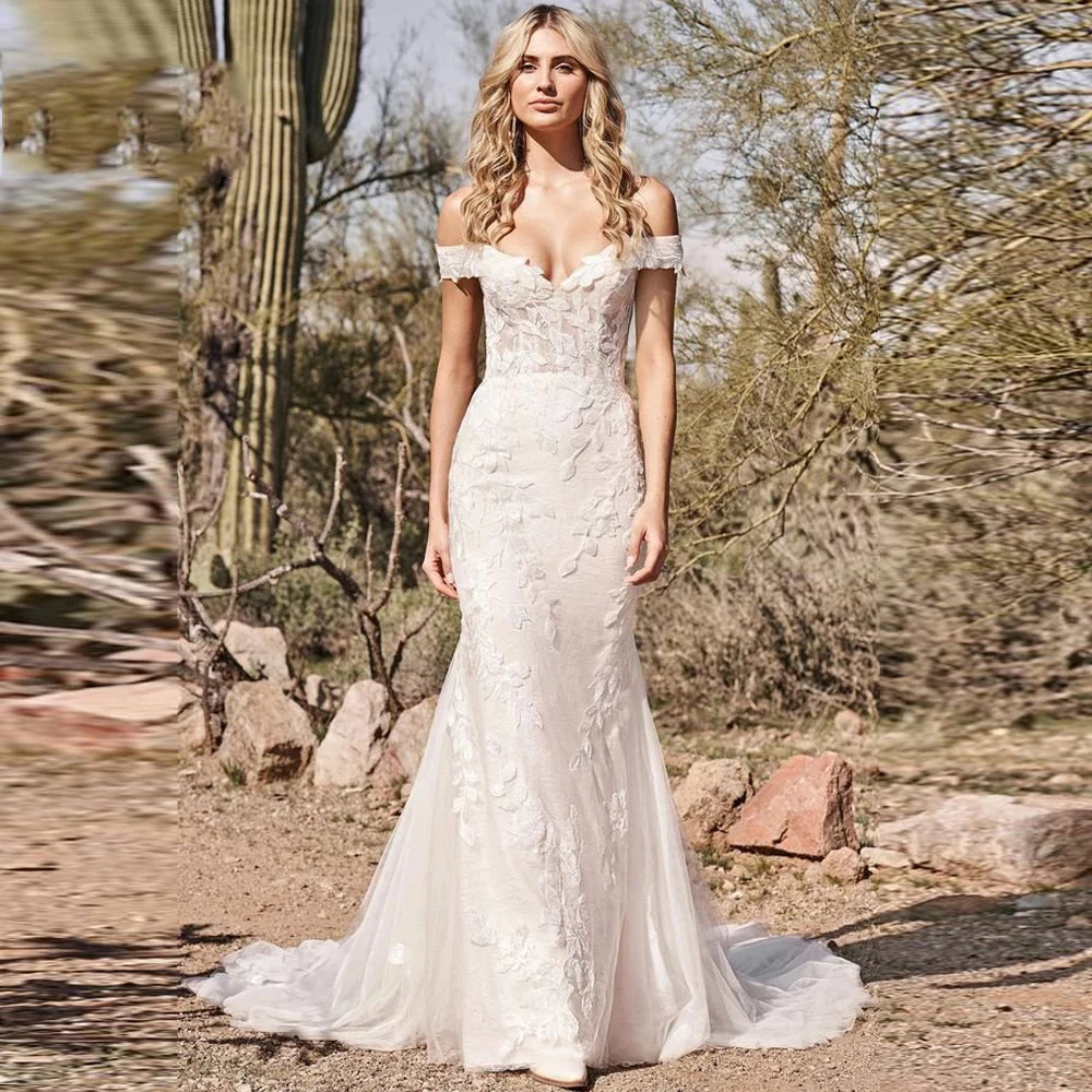 

Luxury Off Women's The Shoulder Mermaid Wedding Dresses For Women Sexy V-Neck Lace Bridal Sweep Train Floral Print Robe De Marie