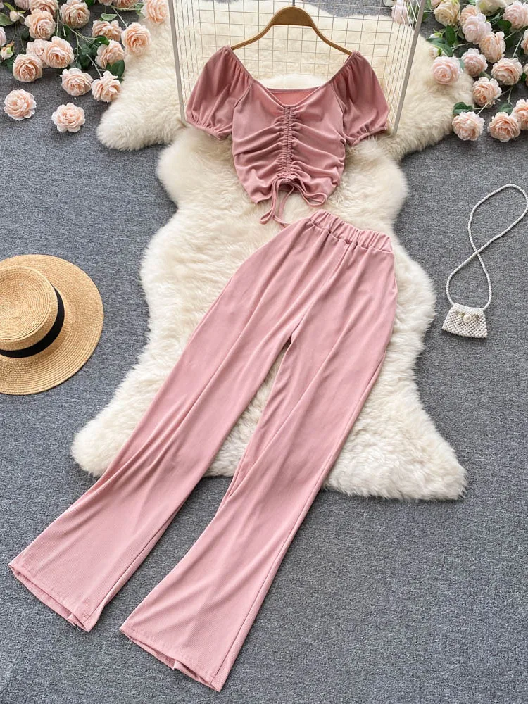 

Женский летний костюм, короткий плиссированный топ на шнуровке, повседневные широкие брюки с высокой талией, универсальный Женский комплек...