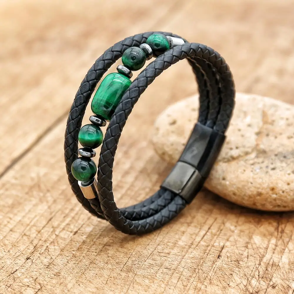 

Handmade Natural Stone Leather Stainless Steel Men's Bracelet Three-layer Leather Green Tiger Eye Stone Couple Bracelet Jewelry