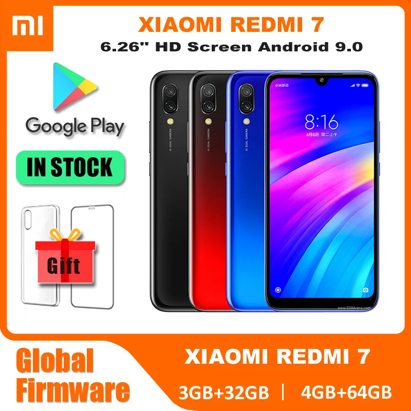 Оригинальный Смартфон Xiaomi Redmi 7 с глобальной прошивкой, 4 + 64 ГБ, HD-экран 6,26 дюйма, аккумулятор 4000 мАч, две Sim-карты, мобильные телефоны Android 4G