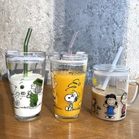 snoopy cartoon ins glass straw cup with lid baby water glass with scale men and women milk cup juice cup mug anime peripherals