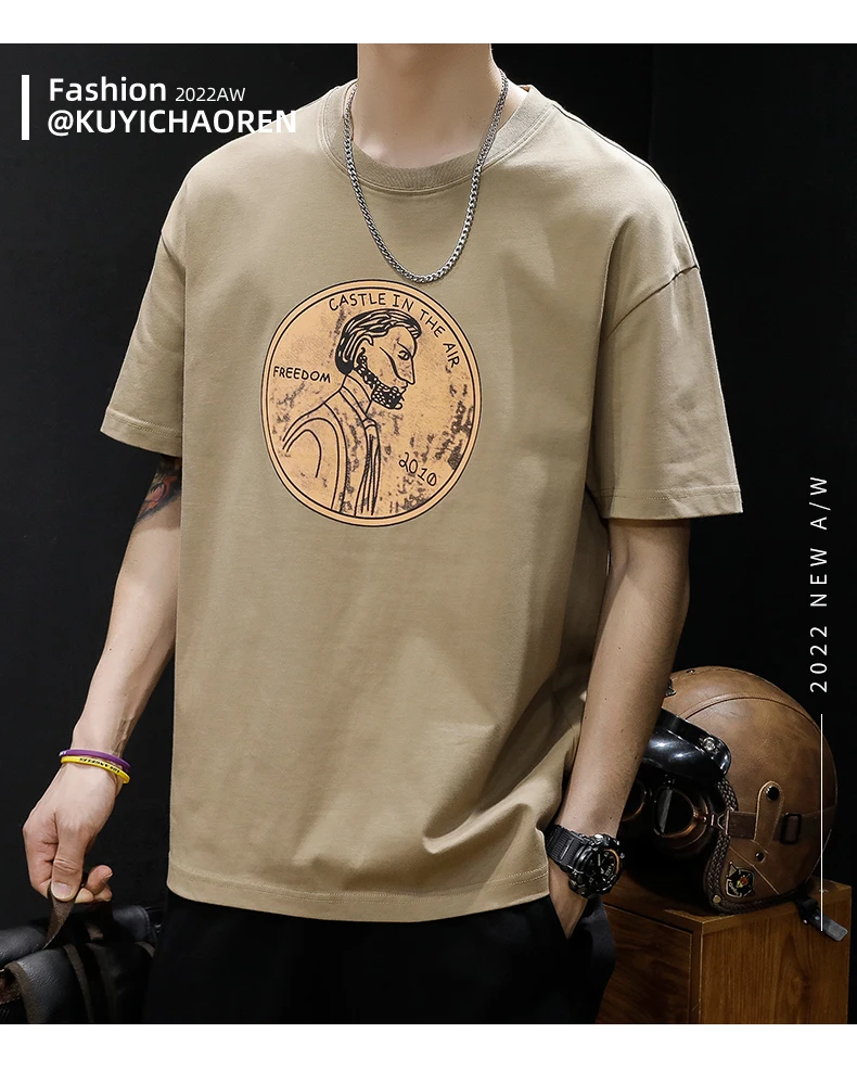 

M4459 Short Sleeve T-Shirt Men's Loose Large Size Tide Brand Print T-Shirt Summer Cotton Half Sleeve