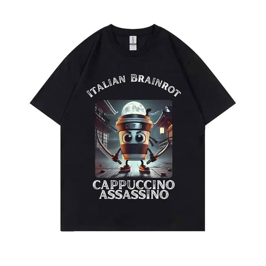 Фото Итальянская футболка Brainrot Cappuccino Assasino, забавная футболка с мемом для мужчин и женщин, повседневная футболка с шуткой и юмором, винтажные футболки унисекс большого размера №2