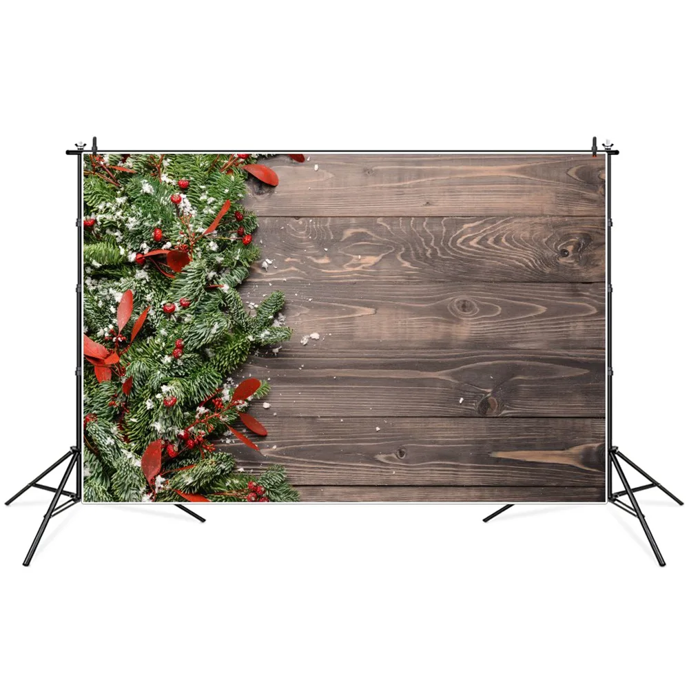 

Christmas Pine Holly Twigs Wooden Boards Planks Photography Backgrounds Custom Baby Party Decoration Photo Booth Backdrops Props