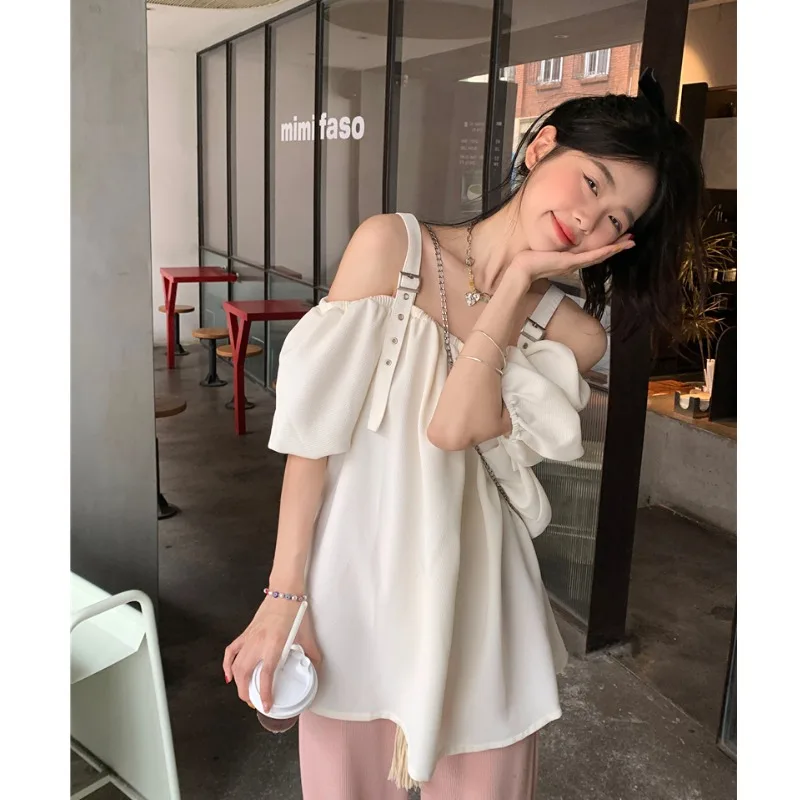 

Waffle off shoulder shirt women's summer Korean style gentle chic design sense niche beautiful net red off shoulder top