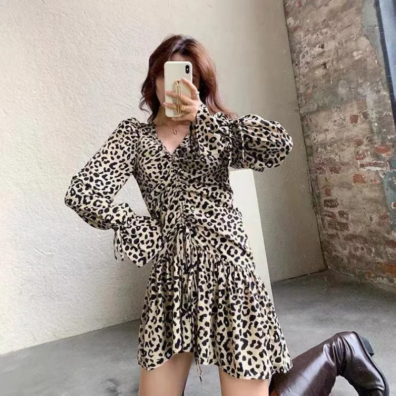 

Женское платье 2023, женское платье с длинным рукавом, V-образным вырезом и завязкой, дизайнерская юбка с коротким рукавом и леопардовым принтом, женское платье, платья для женщин
