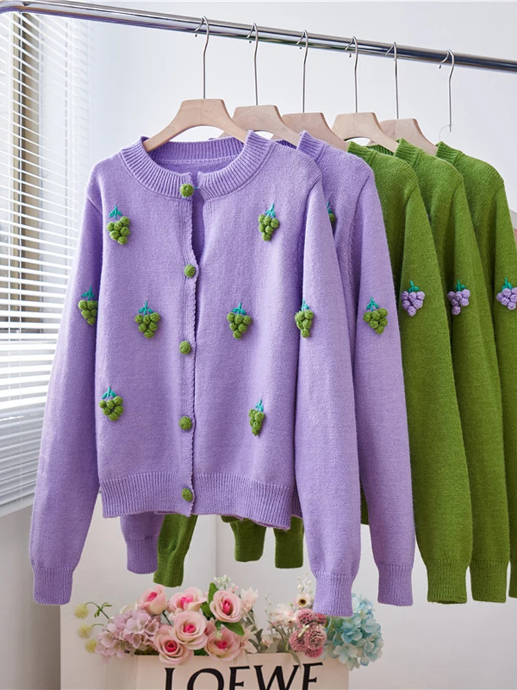 

QOERLIN Sweater Cardigan Loose Hand-Crocheted Long Sleeve 2022 New Fall Winter Green Purple Knitted Coat Single-Breasted Tops