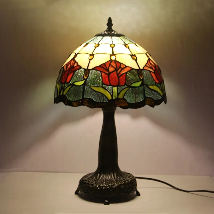 

LongHuiJing Unique Red Tulip Flower 12Inch Stained Glass Lampshade Desk Lights Tiffany Style Table lamps With Zinc Alloy Base