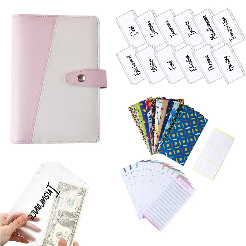 

A6 Pu Leather Binder Budget Sheets Letter Zipper Pockets 6 Ring Hole Envelopes Planner Nootbook Folder School Supplies 39pcs